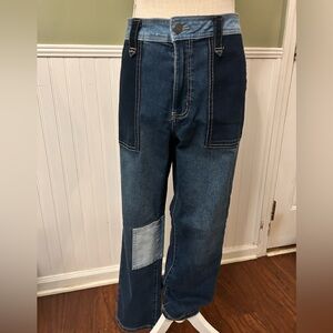 Time and True multicolored patchwork  jeans with adorable design.